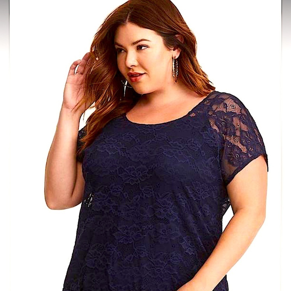 Leo and Nicole Feminine Blue Flower Lace Pullover Short Sleeves Tee Top